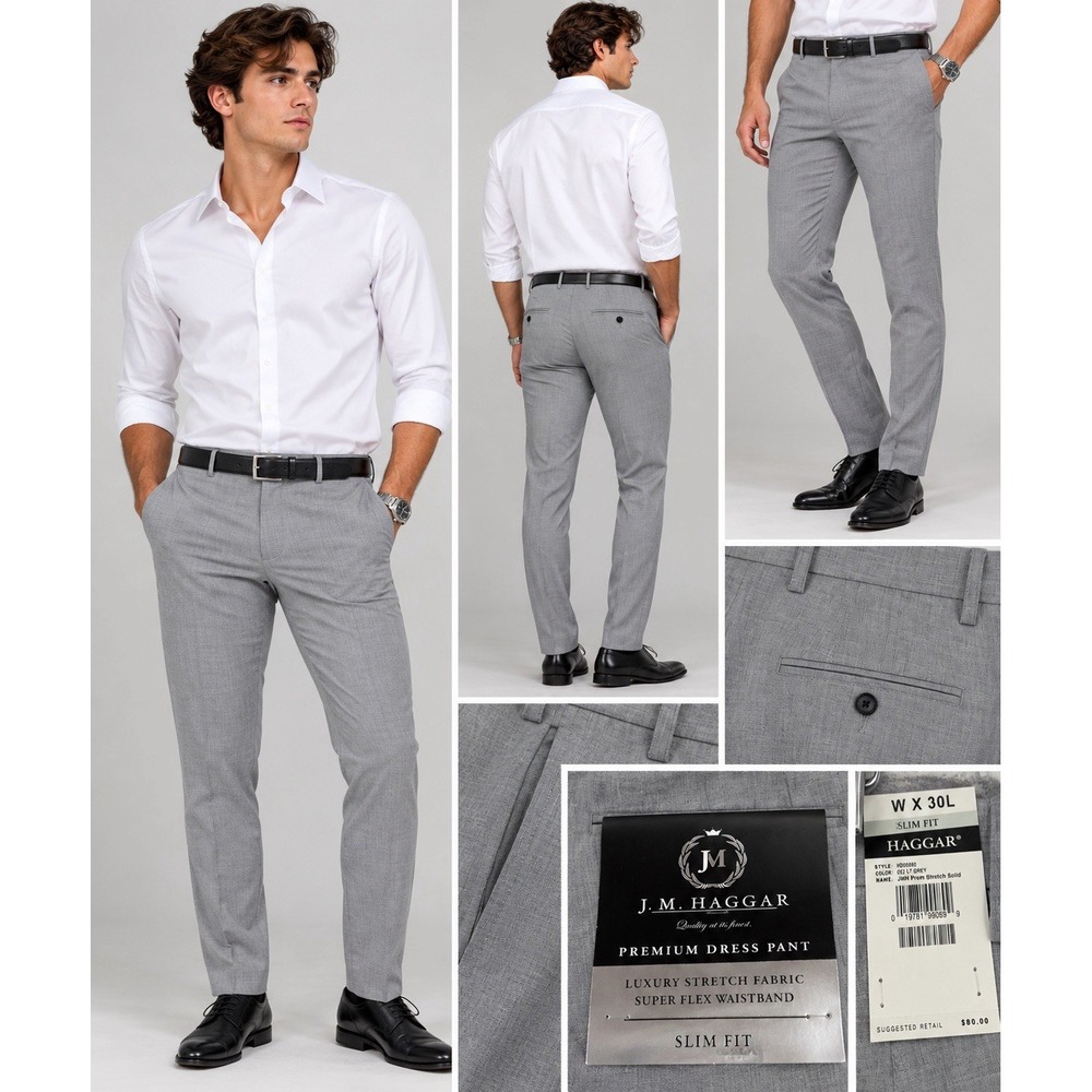 M. Haggar light Grey slim Fit Super Flex Premium dress pants 32x30 New(10-b21)
